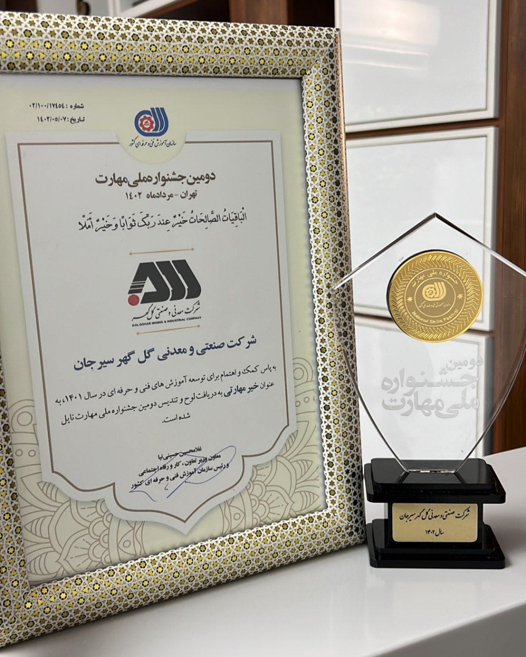 تصویر تقدیر از گل‌گهر در جشنواره ملی مهارت